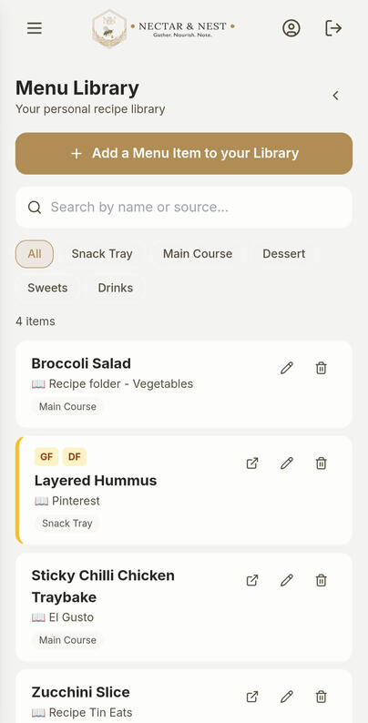 N&N App Menu Page